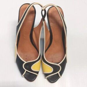 Chie Mihara BLACK & YELLOW Leather peep-toe Slingback Heeled Sandals 36.5